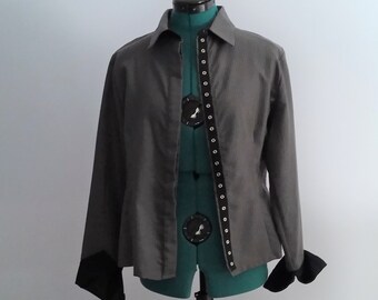 Ricochet 100% Cotton Blouse - Charcoal Gray, Long Sleeve Black Cuffs, Snap Closure in Front, Snap Tape Design on Back - Purchased Australia