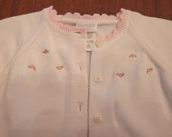 Cardigan Sweater w/ Pink Rosebuds & Edging - Flower Buttons 100% Cotton Gift Giving 3-6 Month