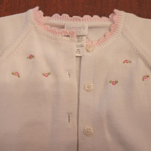 Cardigan Sweater w/ Pink Rosebuds & Edging - Flower Buttons 100% Cotton Gift Giving 3-6 Month