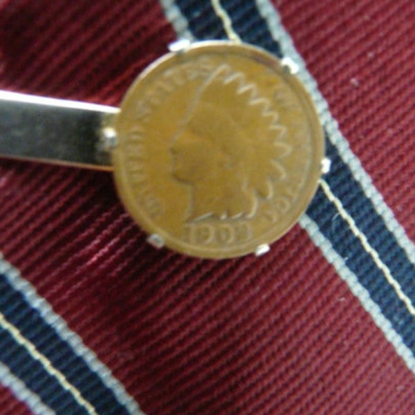 Antique Coin Genuine 1902 Indian Head Copper Penny in Vintage Clip - Coin Collector, Dad Grandfather - Tie Clip