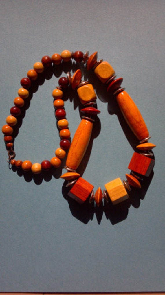 Vintage 24 Inch Wood Necklace - 1970s - Squvare, C