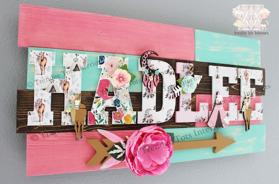 28"-52", floral, horse, nursery, name, sign, boho, chic, wall, letters, arrows, western, baby, girl, blush, pink, and, mint, girls, room, 3d