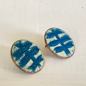 Enamel earrings, patterned copper enamel earrings, blue and white stud earrings, handmade enamel stud earrings, abstract earrings in enamel
