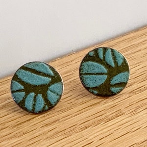 Round patterned earrings, copper enamel stud earrings, statement patterned studs in green and blue.