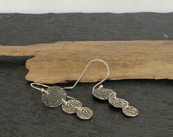 Sterling silver drop earrings, 3 part embossed silver drop earrings, silver statement earrings, floral pattern silver drop earrings.