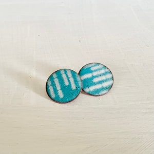 Enamel earrings in seal blue and white pattern, copper enamel stud earrings size 20mm, patterned enamel earrings, handmade large ear studs