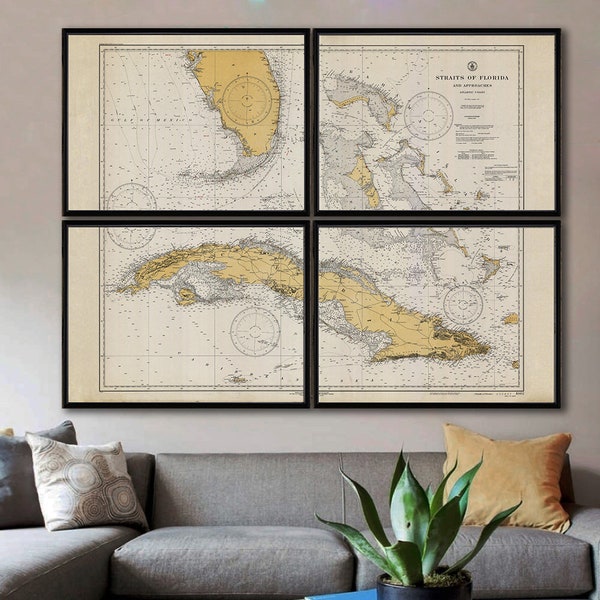 1933 Straits of Florida nautical chart reprint - Florida Keys and Caribbean islands map - 5 large/XL sizes up to 64x48"  in 3 color choices