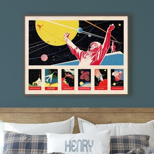 May include: A vintage-style poster featuring a red and white astronaut in a space suit with planets and stars in the background. The poster is framed and hanging on a teal wall above a wooden bed with a plaid comforter.