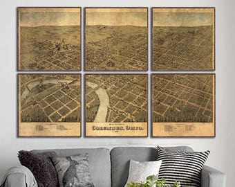 1872 Columbus Ohio map reprint, Columbus birds eye view map, 7 large/XL sizes up to 60x40" printed 1 or 6 pieces  and 3 color choices