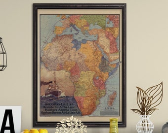 Reimpresión del mapa de África de 1914, reimpresión del mapa de África en alemán anterior a la Primera Guerra Mundial. 4 tamaños grandes/XL de hasta 91 x 122 cm y 3 opciones de color. Se vende sin marco.
