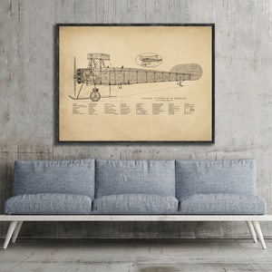 May include: A vintage black and white blueprint style illustration of an airplane. The drawing is framed in a black frame and is hanging on a concrete wall. The text on the blueprint reads "TECHNICAL SPECIFICATIONS OF THE AEROPLANE".