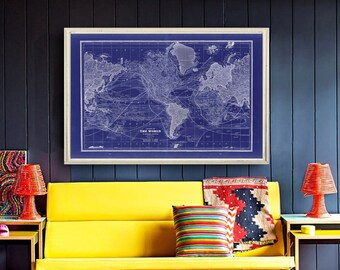 1887 World map reprint , vintage Cram's "Chart of the World" map reprint - 3 color choices and 4 sizes up to 45"x30 " - sold unframed