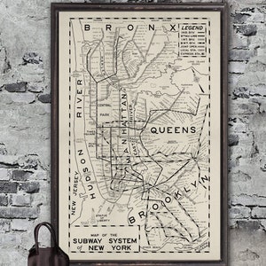 Mid-century New York City subway map reprint - circa 1955 New York City map 5 large/XL sizes up to 36x54&quot; & 4 color choices - sold UNFRAMED