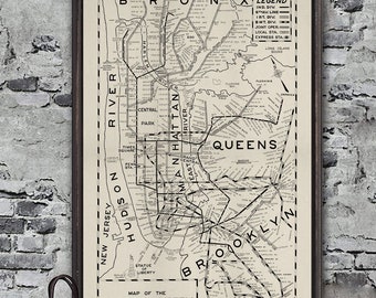 Mid-century New York City subway map reprint - circa 1955 New York City map 5 sizes up to 36x54" & 4 color choices - sold UNFRAMED only