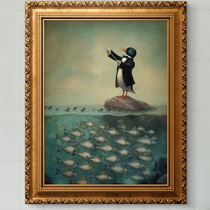 May include: A framed art print featuring a penguin in a tuxedo conducting a school of fish. The artwork has a gold ornate frame and is set against a light blue and green background. The print is displayed in a bathroom setting.