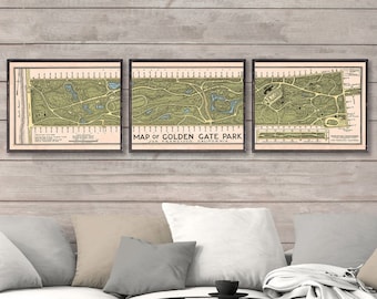1947 Golden Gate Park map reprint, Mid-Century San Francisco reprint - 3 sizes printed in 1 or 3 parts  & 4 color choices - sold unframed