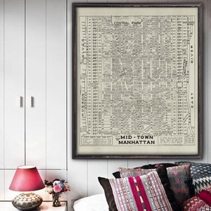 May include: A vintage black and white map of midtown Manhattan, New York City. The map shows the streets and avenues from 23rd Street to 61st Street, including Central Park and the Hudson River.