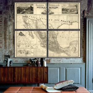 1863 Map of Mexico reprint. Carta General de la Republica Mexicana reprint. 4 L/XL sizes up to 48 x 40" in 1 or 4 pieces & 3 color choices