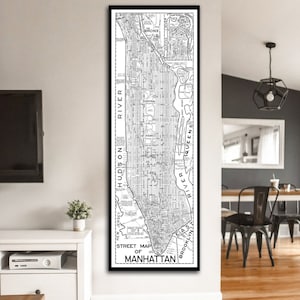 Mid-century Manhattan Map reprint - Street Map Of Manhattan reprint - 3 L/XL sizes up to 20x60&quot; & 4 color choices - sold UNFRAMED