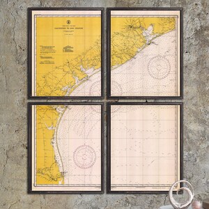 May include: Four framed vintage nautical maps of the Galveston to Rio Grande coastline. The maps are in black frames and have a yellow background with white and pink details.