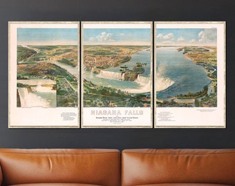 Niagara Falls panorama print, Vintage bird's eye view map  - 4 sizes (printed in 1 or 3 sections) up to 60 x30" - sold unframed