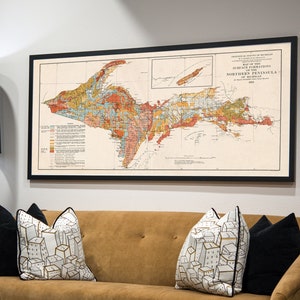 1911 Upper Peninsula Michigan map reprint - vintage geological map reprint - 5 sizes up to 40x20&quot;  and 3 color choices - sold UNFRAMED