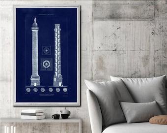 May include: A vintage blueprint style illustration of two columns, one with a statue on top, on a dark blue background. The text "MONUMENTI ANTICHI" and "COLUMNA TRAIANA A ROMA" are visible at the top and bottom of the image.