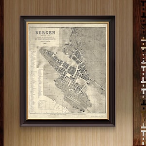 1885 Bergen ,Norway map reprint - European map decor - Norwegian decor/gift-  - 3 sizes up to 30x36&quot;-in 3 three colors - sold unframed only