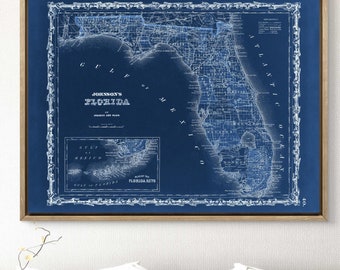 1862 Map of Florida reprint - early Florida map reprint - 4 sizes up to 48"x36" and three color choices - sold Unframed