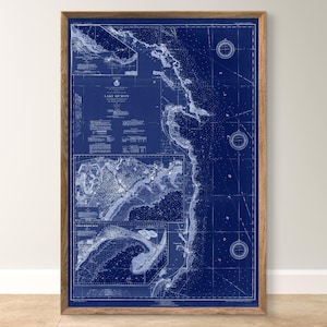 1930 Lake Huron Michigan coast map reprint, Vintage Lake Huron Nautical chart - 5 large/XL sizes up to 36 x54&quot; and in 3 three colors
