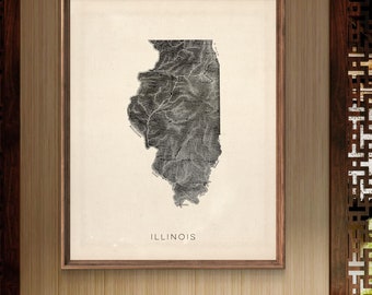 May include: A framed print of a black and white map of the state of Illinois. The map is on a cream-colored background with the word "ILLINOIS" printed in black at the bottom.