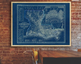 1845 Louisiana map reprint - Vintage Louisiana map reprint - 3 large/XL sizes up to 40"x30" & 3 color choices - sold unframed