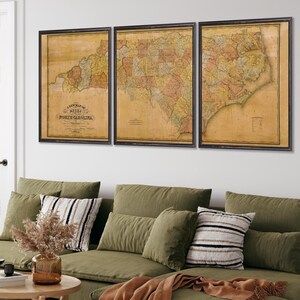 1833 North Carolina map reprint , Tar Heel map gift, 3 sizes (printed in 3 pieces) up to 90x36" & 3 color choices - sold UNFRAMED vintage aged