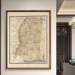 1887 Mississippi map reprint, vintage Mississippi map reprint, 4 large sizes to 40x30&quot; and 3 color choices - sold UNFRAMED