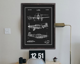 P-51 Mustang patent blueprint print- Boy's/Kid's Room Decor - WW2 airplane print - 4 sizes up to 24x30 & 3 color choices - sold UNFRAMED