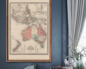 1870 Australia and East Indies map reprint, Vintage Australia map reprint - 5 large/XL sizes up to 54" x 36"- in three color choices