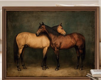 Horses Vintage-style Oil Painting Print, Romantic Equestrian Wall Art, Rustic Farmhouse Animal Decor for Living Room - Sold UNFRAMED #789