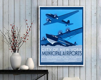 Remixed WPA New York City Municipal Airports poster - 3 color choices & 4 XL sizes up 36x48 printed on fine art matte paper - sold unframed