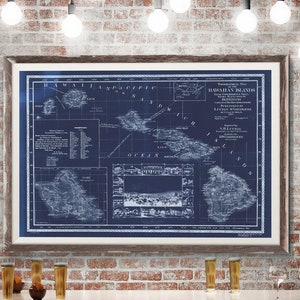 1893 Hawaii Islands map, Vintage Hawaiian map reprint 5 sizes up to 54x36 and 2 color choices inverted blue