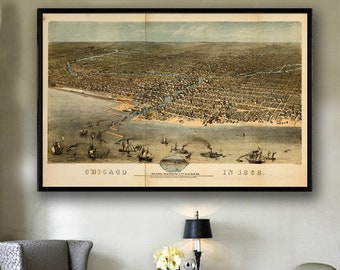 1868 Chicago panorama reprint, Vintage Pre-Great Fire Chicago map reprint - 5 large/XL sizes up to 54" x 36"