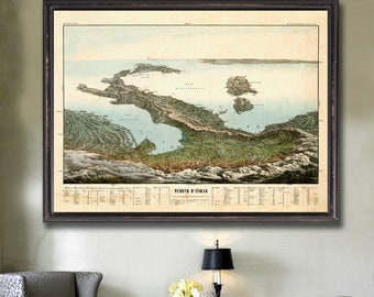 1852 View of Italy panorama reprint, Vintage Italy bird's-eye view reprint - 4 Large/XL sizes up to 40"x30" - comes unframed
