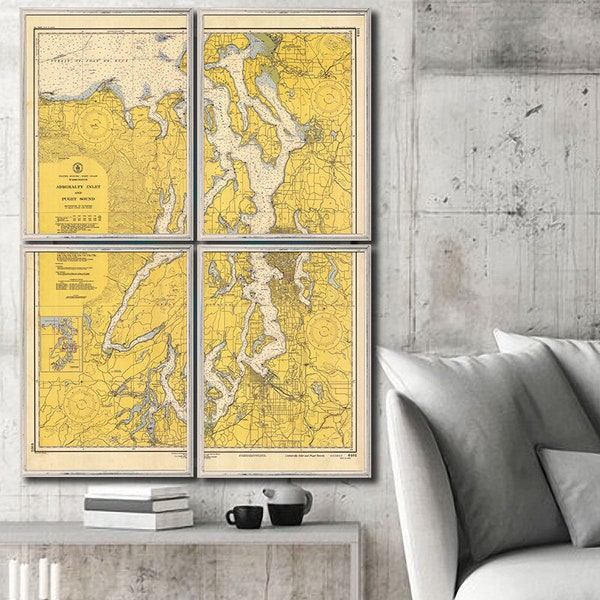 1948 Puget Sound nautical map reprint, Puget Sound and Admiralty Inlet, WA  map - 6 sizes up to 60 x 80"  in 1 or 4 parts & 3 color choices