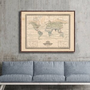 May include: A vintage world map print in a brown frame. The map shows the continents and oceans with a focus on the geographic features of the world. The map is titled "Johnson's World, Orographic & Physical Chart of the Globe."