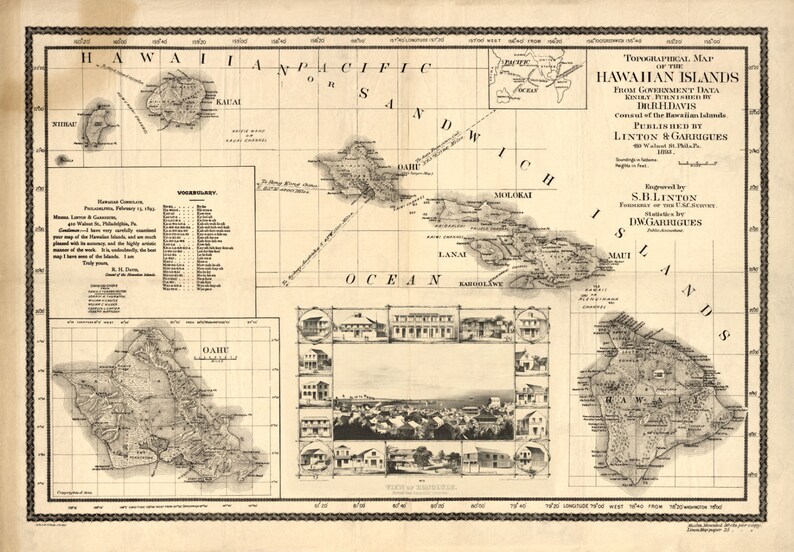 1893 Hawaii Islands map, Vintage Hawaiian map reprint 5 sizes up to 54x36 and 2 color choices image 3