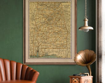 1920 Alabama map reprint, retro US map decor, 3 large sizes to 30 x 40" & 3 color choices - sold UNFRAMED only - please see entire listing
