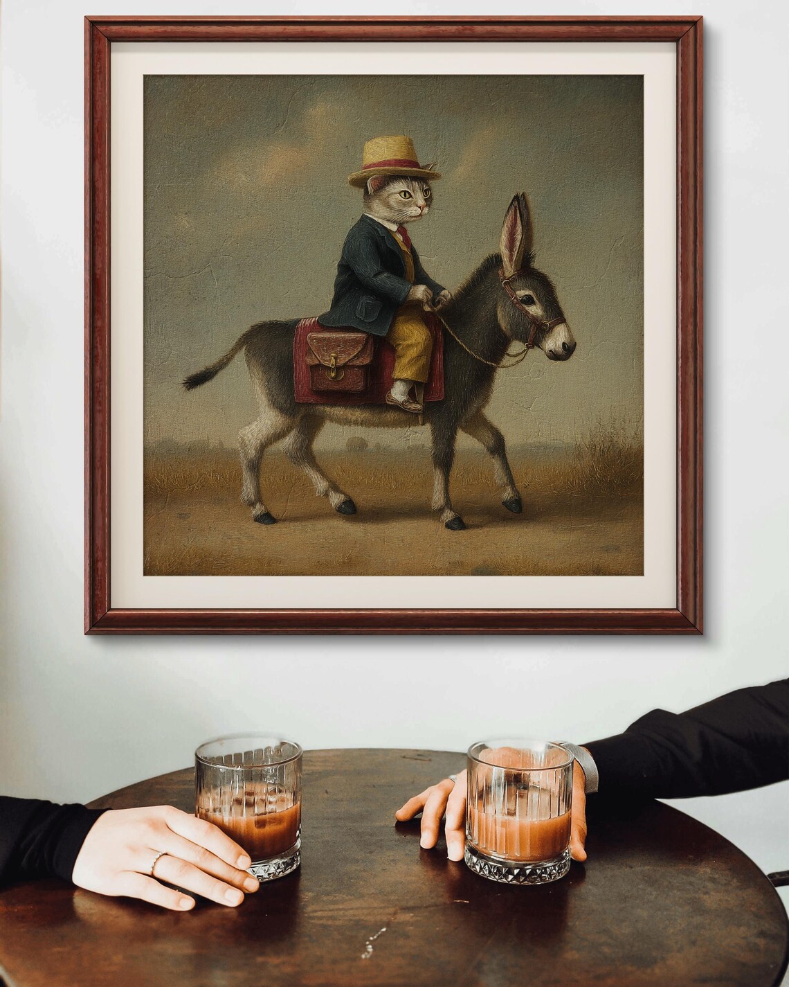 Whimsical Cat Riding Donkey Wall Art – Vintage-style Surreal Animal ...