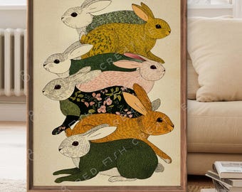 Colorful Mid-Century Rabbits Art Print – Whimsical Floral Rabbits Poster - Retro Boho Wall Decor - Sold UNFRAMED #842