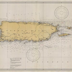 May include: A vintage nautical chart of Puerto Rico and the Virgin Islands. The map is printed on cream-colored paper with brown and blue lines. The map shows the islands' coastlines, major cities, and surrounding waters.
