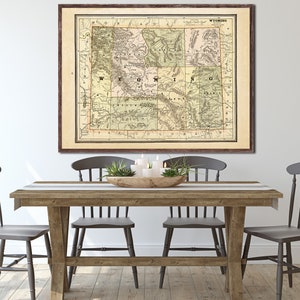 1887 Wyoming map reprint, Wyoming map decor, Wyoming gift, 4 large sizes to 40x30&quot; and 3 color choices - sold UNFRAMED