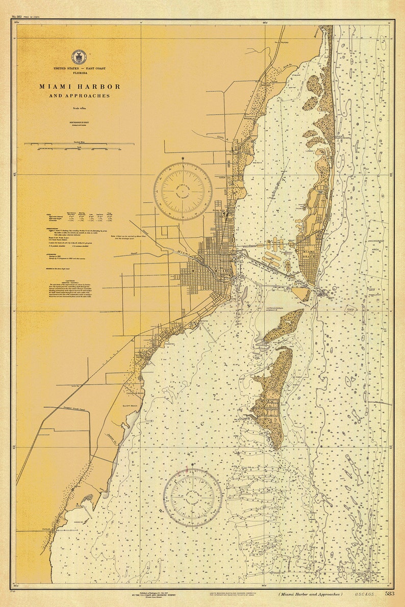 1927 Miami Harbor Map Reprint Miami Nautical Map/chart 7 Etsy